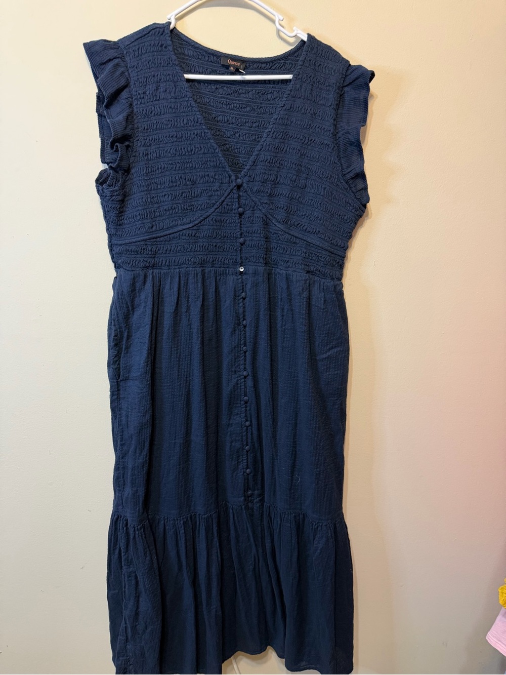 Quince Navy Textured V-Neck Midi Dress